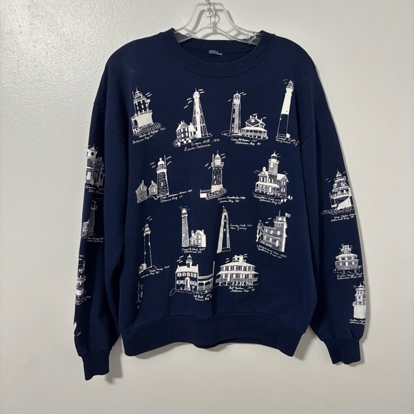 Vintage 1994 Lighthouse Sweatshirt Navy Blue Delaware NJ Coastal All Over Print - Picture 1 of 9